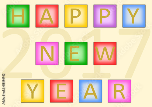 Bunter Schriftzug „Happy New Year“ aus bunten Quadraten gebildet und im Hintergrund die große Jahreszahl 2017