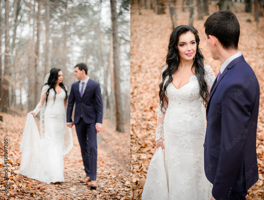 Dashing brunette bride walks with handsome groom around the autu Dashing brunette bride walks with handsome groom around the autu