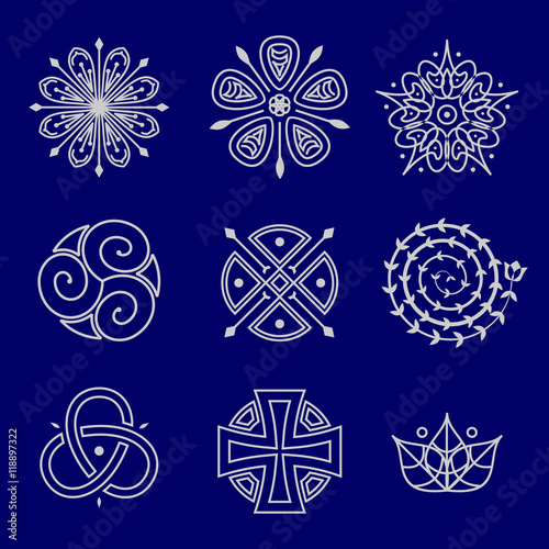 Set of vector symbols templates of Logo design and emblems. Trendy linear style in white colors on blue background. Natural concepts and alternative medicine and holistic centers signs, outline badges
