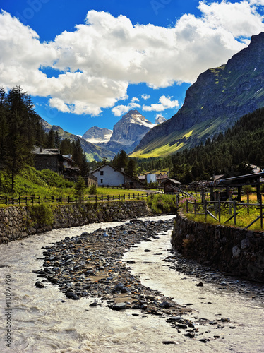 Rhemes Notre Dame alpien river and view on Granta Parey photo