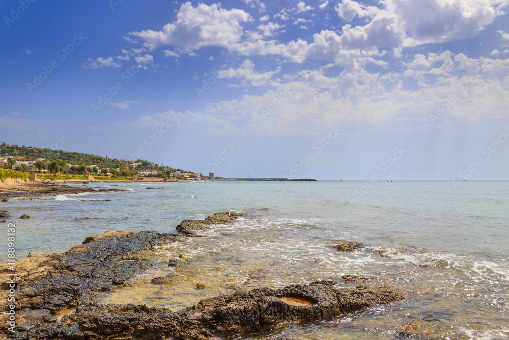 Salento coast, Ionian sea:panoramic view of Torre Vado town.Italy (Apulia).In the background the beach and the tourist port with the watchtower.