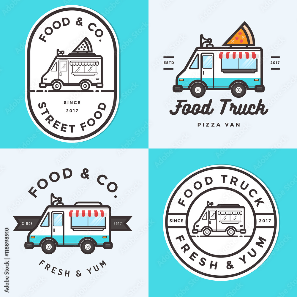 Set of logo, badges, banners, emblem for food truck festival. Fast food delivery. Vector illustration. Set of logo, badges, banners, emblem for food truck festival. Fast food delivery. Vector illustration.
