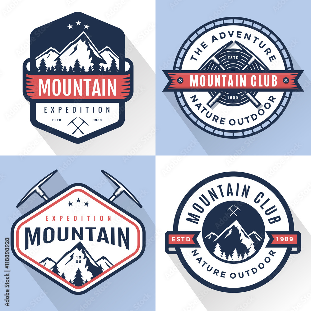 Set of logo, badges, banners, emblem for mountain, hiking, camping, expedition and outdoor adventure. Exploring nature. Vector illustration.