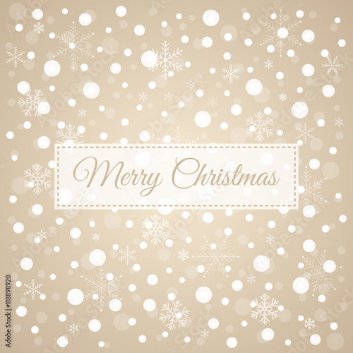 Merry Christmas light brown background with white snowflakes, vector congratulation card