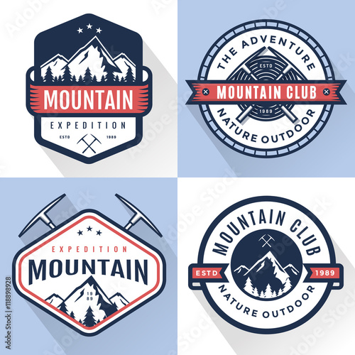 Set of logo, badges, banners, emblem for mountain, hiking, camping, expedition and outdoor adventure. Exploring nature. Vector illustration.
