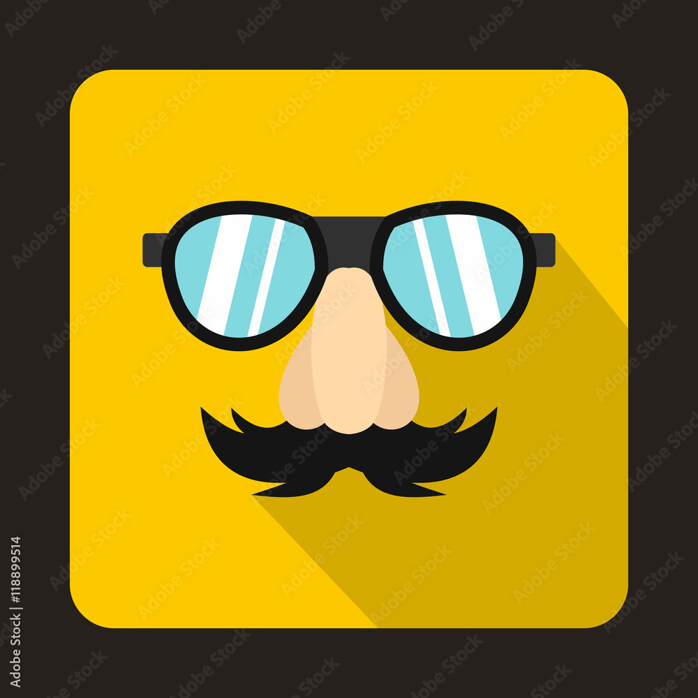 Comedy fake nose mustache, eyebrows and glasses icon in flat style on a yellow background Comedy fake nose mustache, eyebrows and glasses icon in flat style on a yellow background