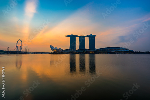 Singapore,Singapore – April 2016 : Aerial view of Singapore city skyline in sunrise or sunset at Marina Bay, Singapore photo