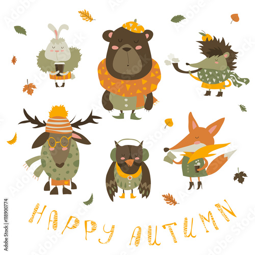 Set of cartoon characters and autumn elements