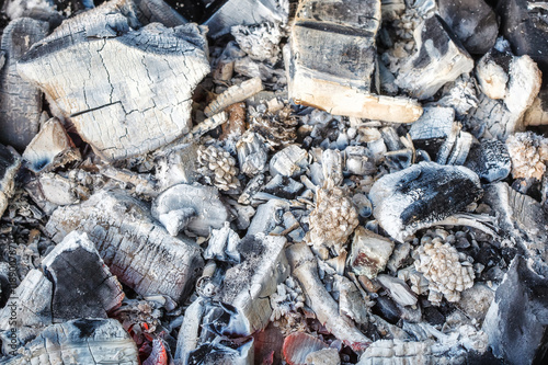 Closeup of decaying wood coals and ash in brazier, top view