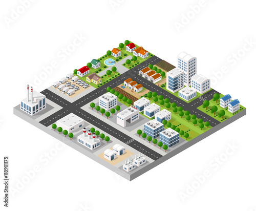 The 3D perspective view of a set of objects of industrial plants, factories, parking lots and warehouses. Isometric view from above the city with streets, buildings and trees.