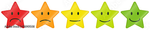 Fünf farbige und glänzende Sterne mit Smiley Gesichtern 