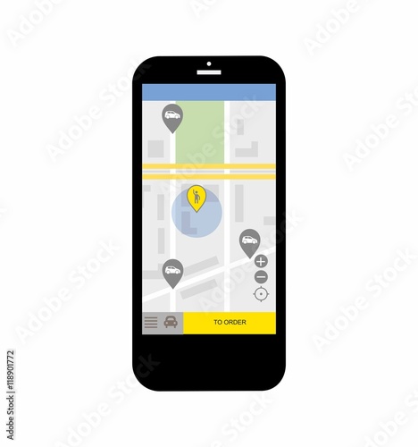 Transportation network app, calling a cab by mobile phone concept, modern smartphone with application for online taxi service order on screen sign isolated on white