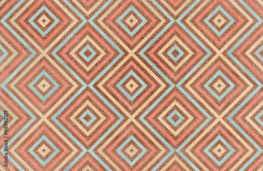 Geometrical pattern in brown, pink, beige and blue colors.