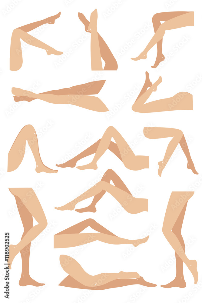 Woman legs in different poses set. Elegant lying, standing, and sitting legs positions.