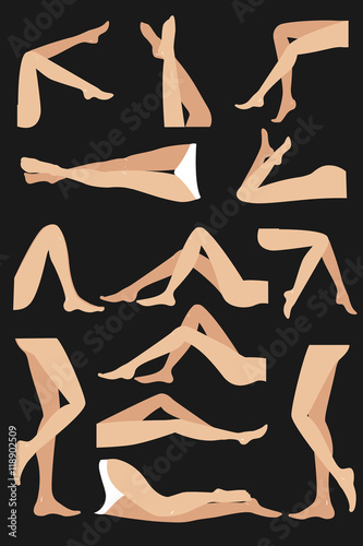 Woman legs in different poses set. Elegant lying, standing, and sitting legs positions. Legs design elements