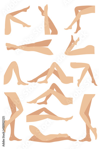Woman legs in different poses set. Elegant lying, standing, and sitting legs positions.