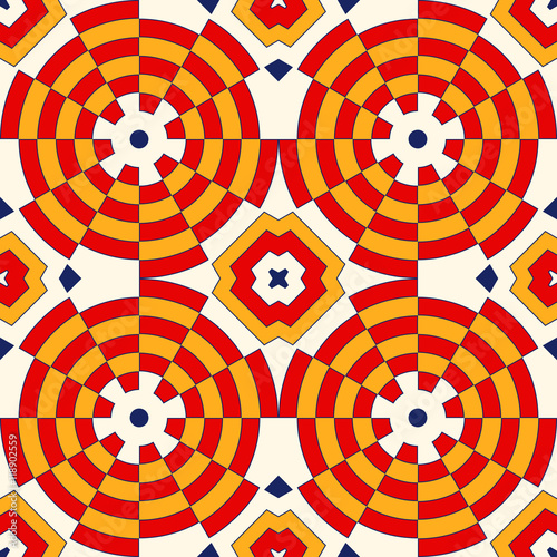 Bright ethnic abstract backdrop. Colorful kaleidoscope seamless pattern with decorative round ornament
