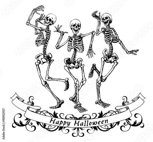 Happy halloween dancing skeletons isolated vector illustration for fun party poster photo
