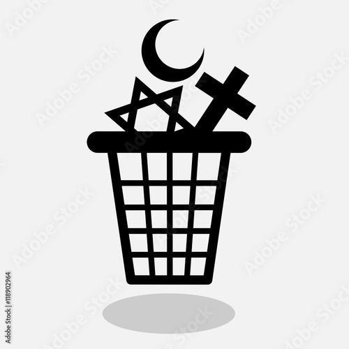 Atheism and end of religious belief - vector illustration of waste container with symbols of religions as metaphor of decline of religiosity and faith in god