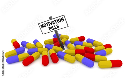 Motivation pills concept with pills isolated on white background. 3D rendering