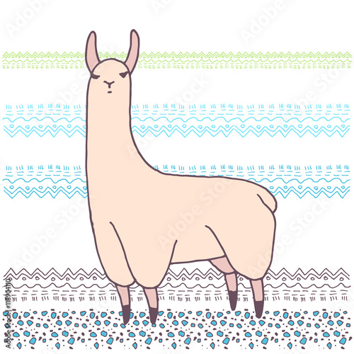 Vector cute lama illustration. Llama or alpaca hand drawn ink sketch. Cute mammal animal drawing with decorative ornaments