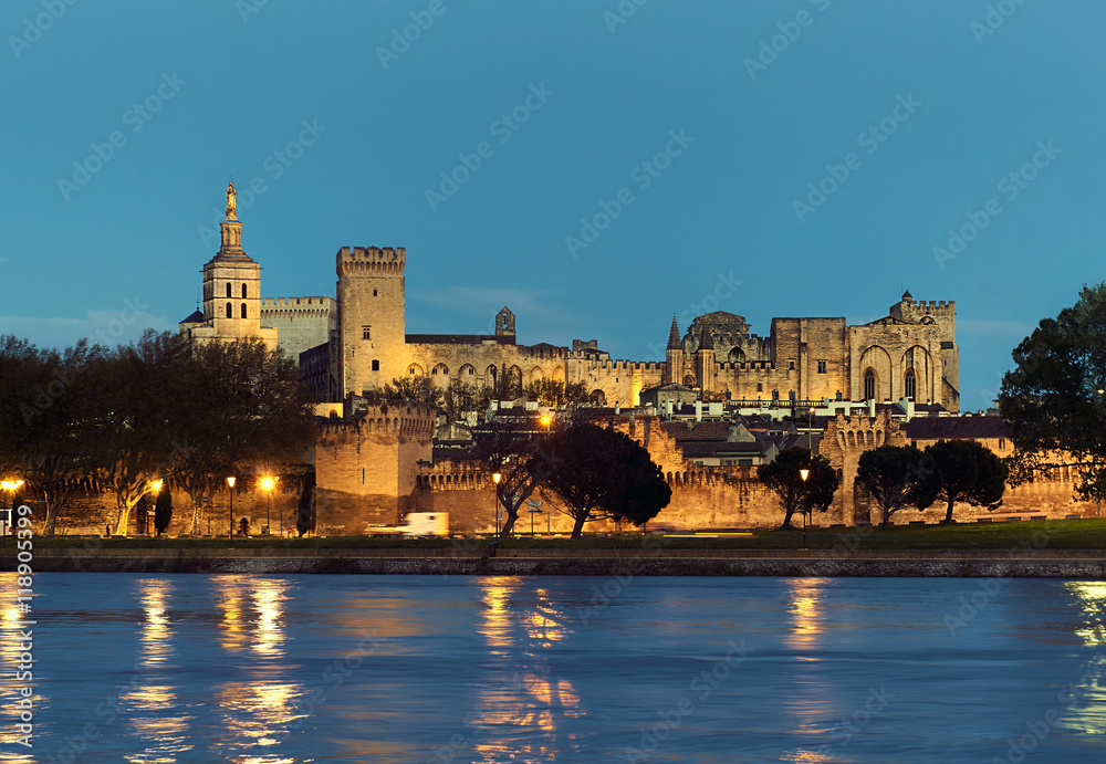 Riverside view of The Papal Palace at night. France