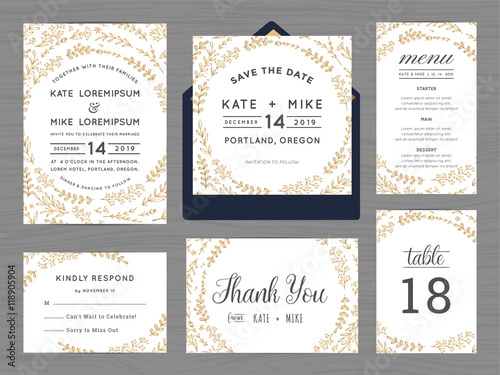 Set of wedding suite template decorate with wreath flowers in golden color includes save the date, wedding invitation, wedding menu, RSVP, thank you card, table number. Vector illustration.