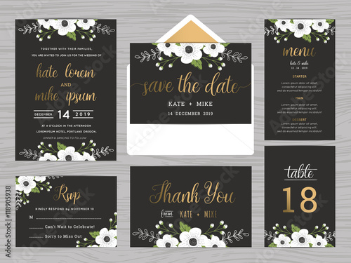 Set of wedding suite template decorate with white flowers and golden text includes save the date, wedding invitation, wedding menu, RSVP, thank you card, table number. Vector illustration.