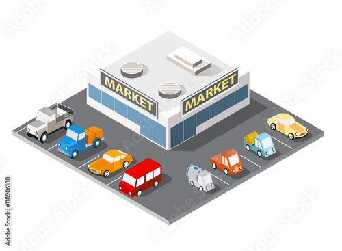 Large supermarket shopping 3d commercial center with shops and offices with parking a big city car