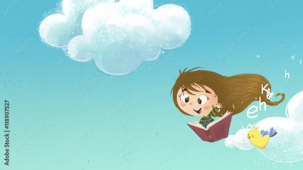 Niña volando en el cielo con libro con pajaro