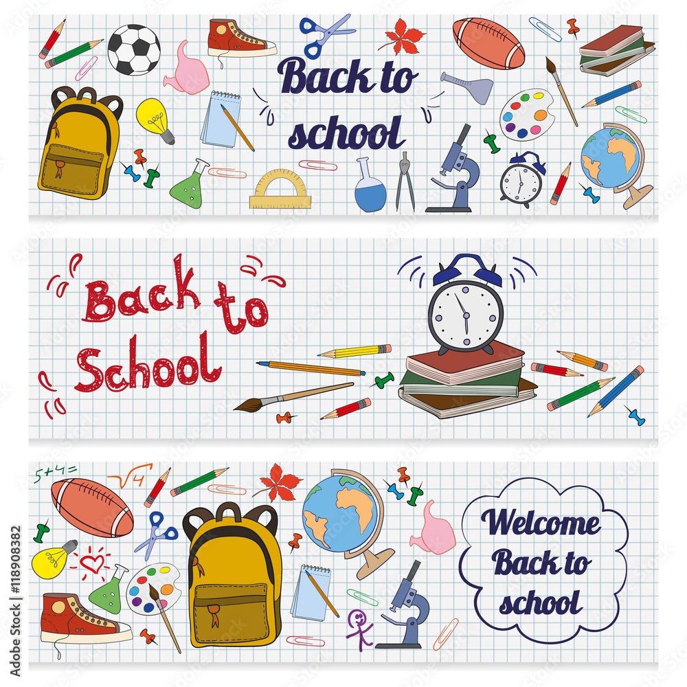 Set of banners with school supplies.