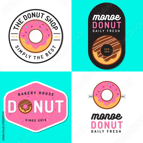 Set of badges, banner, labels and logos for donut shop and bakery. Vector illustration.