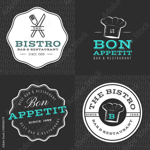 Set of badges, banner, labels and logos for food restaurant, foods shop and catering with seamless pattern. Vector illustration.