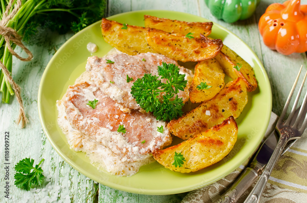 Pork chops with sour cream and baked potatoes Pork chops with sour cream and baked potatoes