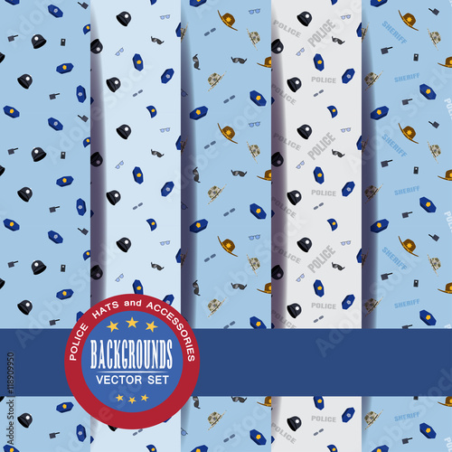 Vector set of seamless patterns of police hats and accessories with shadow.
