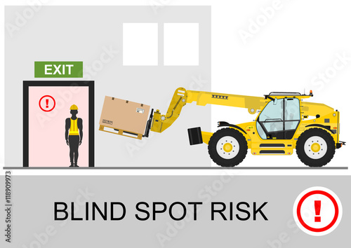 Blind spot risk. Non rotating telescopic handler (forklift) safety. Flat vector