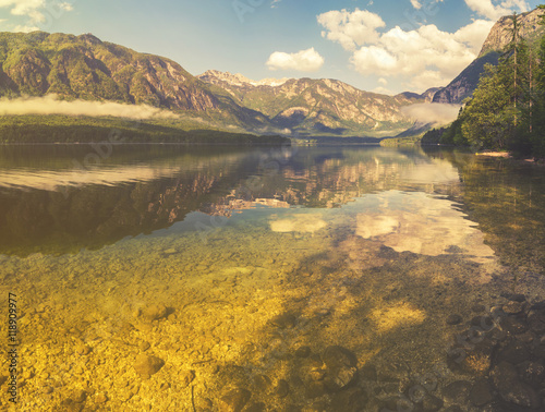 mountain lake in the Slovenian Alps retro colors  vintage