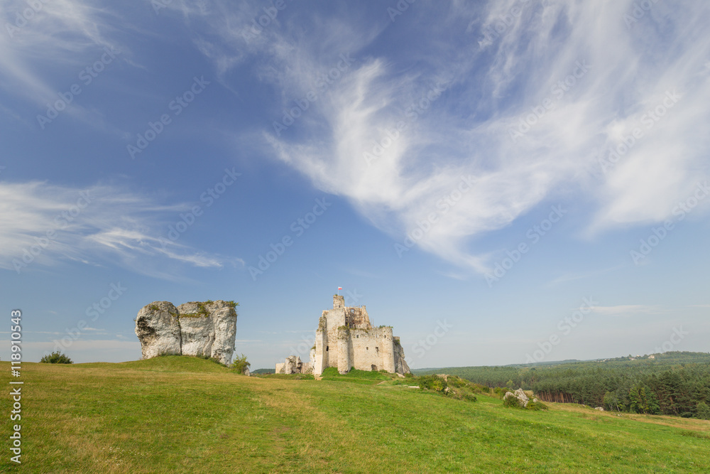 Scenic view of the castle ruins in Mirow village. Poland.