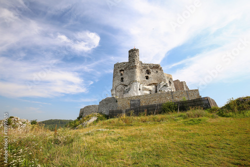 Scenic view of the castle ruins in Mirow village. Poland.