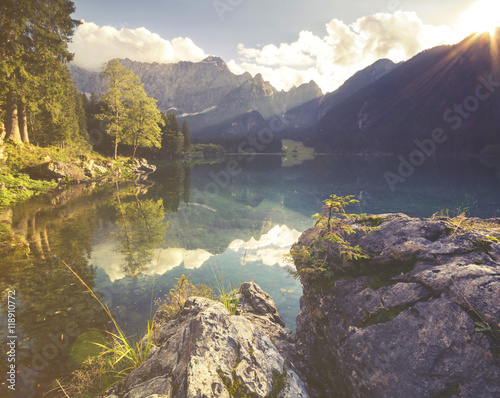 Fototapeta Naklejka Na Ścianę i Meble -  mountain lake in the Italian Alps,retro colors, vintage