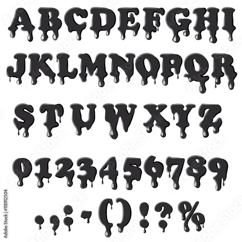 Petroleum alphabet with numbers isolated on white background. English font in oil texture set collection vector illustration