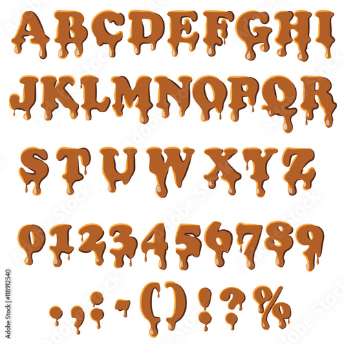 Caramel alphabet with numbers isolated on white background. English font in caramel texture set collection vector illustration