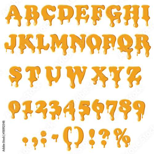 Caramel alphabet with numbers isolated on white background. English font in honey texture set collection vector illustration