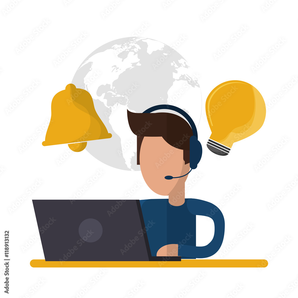 man headphone laptop avatar call center technical service icon ...