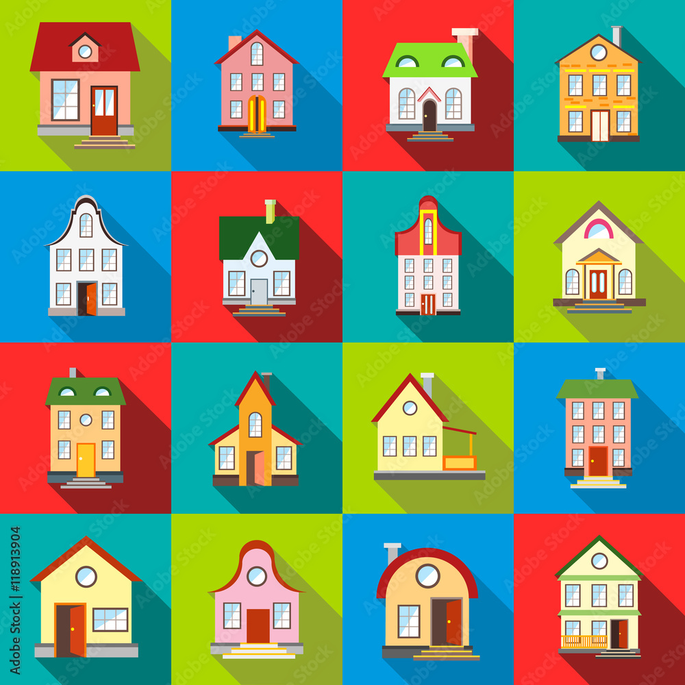 House icons set in flat style. Private residential architectureset collection vector illustration