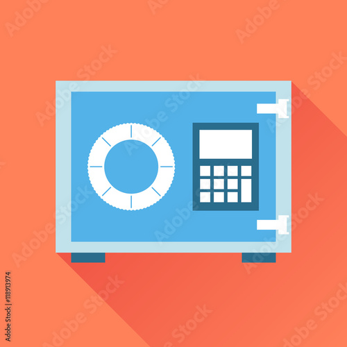 Money safe icon. Vector illustration in flat style on orange background with long shadow.