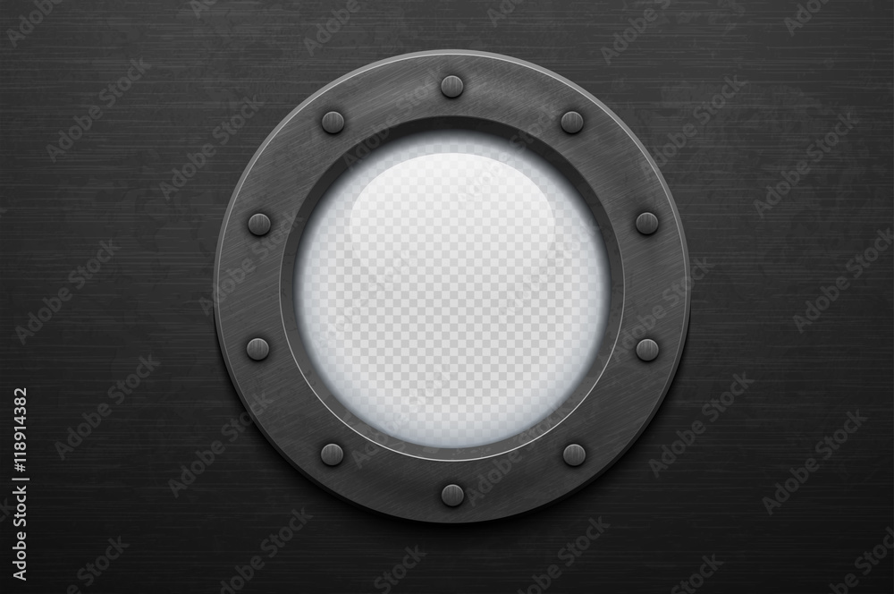 Illustration of a iron porthole with glass on brushed metal background. Rivets mount.