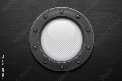 Illustration of a iron porthole with glass on brushed metal background. Rivets mount.