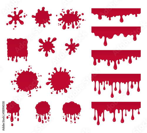 Set of ketchup drops. Vector splashes. Collection of splatter liquid, red drops and stain. Abstract bloody blobs isolated on white background.