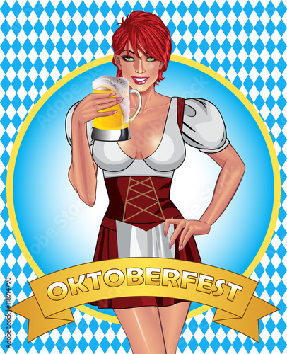 Oktoberfest poster design. Beautiful smiling sexy blonde girl in traditional oktoberfest waitress dress holding misted mug of golden beer. Oktoberfest party and fun concept.
